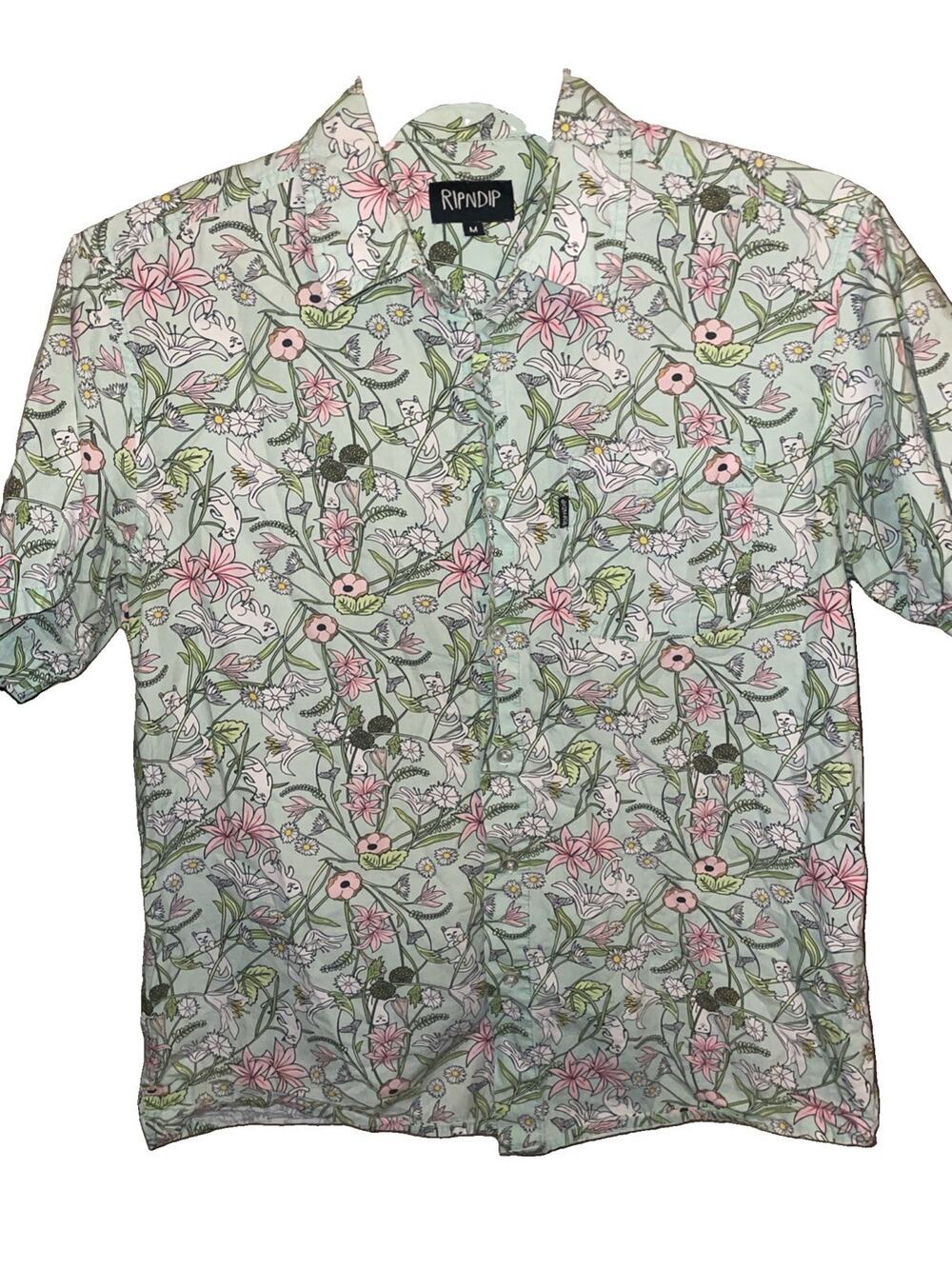 RIPNDIP Men’s Medium Floral Lord Nermal Cat Short Sleeve Button-Up Shirt Cotton